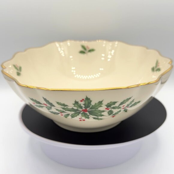 Vintage Lenox Dimension Holiday Holly Berry Scalloped 10" Long Oval Serving Bowl - Picture 2 of 8